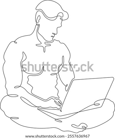 Continuous one line drawing young man sitting with laptop. Naked man working on computer. Online work. One continuous line isolated minimal illustration.Not AI.