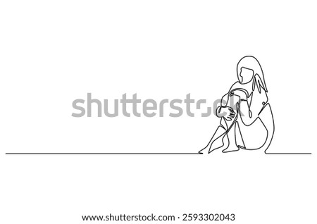 Continuous one line drawing of young sad woman. Single line drawing illustration of woman crying. International Day for the Elimination of Violence against Women. Doodle line illustration.
