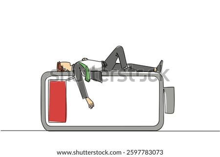 Continuous one line drawing a young businessman falls asleep on a low battery. Need additional energy for further activities. Chronic Fatigue Syndrome Day. Single line draw design vector illustration