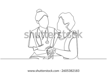 Continuous one line drawing of young nurse comforting elderly woman, elderly health care concept, single line art