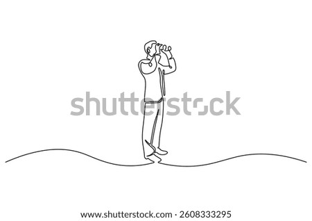 Continuous one line drawing of Young Man looking through with binocular. Single line drawing illustration of Male Enjoy looking for beauty. Finding concept vector art. Doodle line illustration.