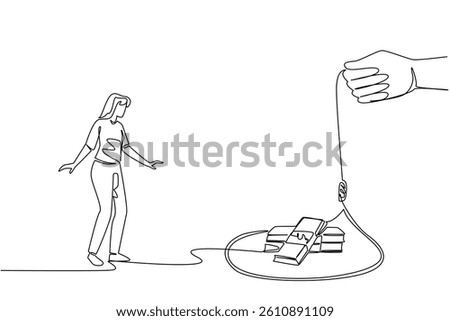 Continuous one line drawing young beautiful woman walking towards a rope trap containing several stacks of banknotes. The trap of abundance. Money Bait. Single line draw design vector illustration