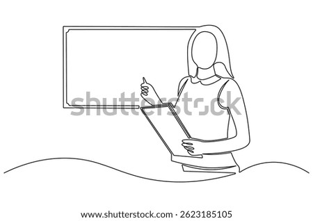 Continuous one line drawing of Young female presenting his report in whiteboard. Single line drawing illustration of Womanpreneur. Business strategy concept vector art. Doodle line illustration.