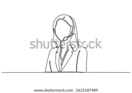 Continuous one line drawing of Young woman with headphones. Single line drawing illustration of Woman call center agent. Customer service concept vector art. Doodle line illustration.