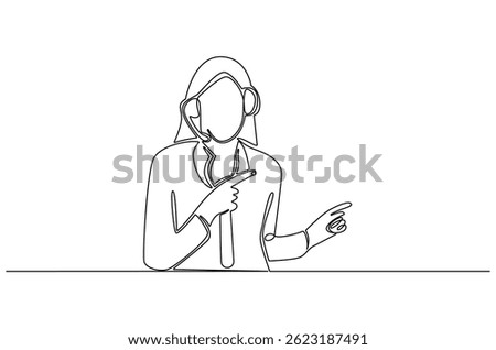 Continuous one line drawing of Young woman with headphones. Single line drawing illustration of Woman call center agent. Customer service concept vector art. Doodle line illustration.