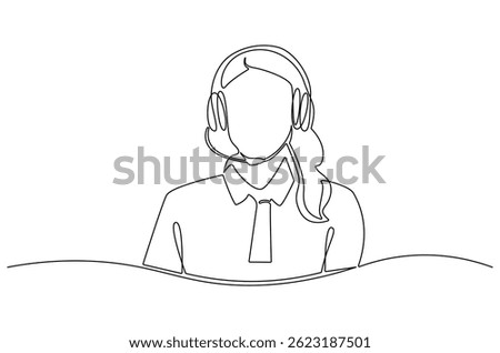 Continuous one line drawing of Young woman with headphones. Single line drawing illustration of Woman call center agent. Customer service concept vector art. Doodle line illustration.