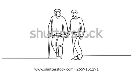 Continuous one line drawing of a young person helping an elderly man with a cane. Symbolizing family care, support for seniors, and love. Minimalist vector illustration.