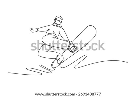 Continuous one line drawing young man wearing winter gear is airborne, executing dynamic jump with board raised, fluid motion, extreme winter sport. Single line draw design vector graphic illustration