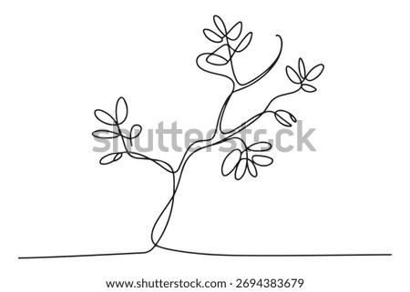 Continuous one line drawing of a young tree with branches and leaves, minimalist nature concept illustration
