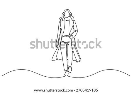 Continuous one line drawing of Young woman in winter clothes. Single line drawing illustration of Woman Fashion portrait. Winter fashion and woman style concept vector art. Doodle line illustration.