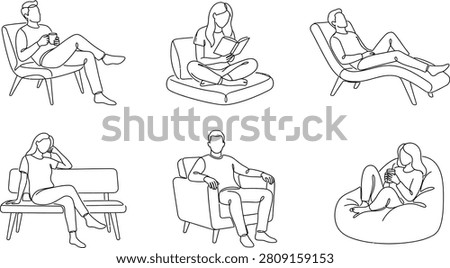 Continuous one line drawing of young men and women relaxing on armchairs, sofas, and bean bags. Minimalist home comfort, reading, leisure, and lifestyle concept.