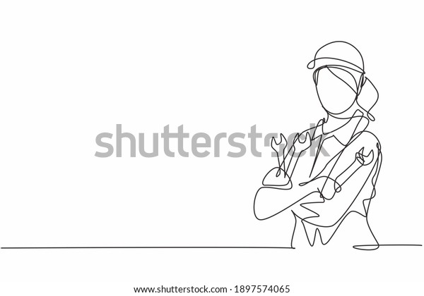 Continuous one line drawing of young female\
mechanic pose cross arms while holding set of wrench. Professional\
job profession minimalist concept. Single line draw design vector\
graphic\
illustration