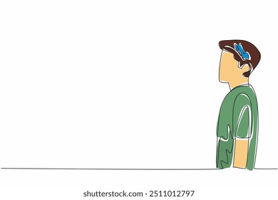 Continua una línea dibujando a un joven con una mariposa en la cabeza. Consigue la paz pensando pacíficamente. Sin estrés. Saludable. Día Mundial del Bienestar Mental de los Adolescentes. Ilustración vectorial de diseño de dibujo de línea única