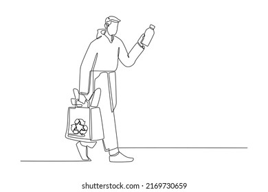 Continuous one line drawing youths use eco friendly packaging bags to shop for goods. Eco packaging concept. Single line draw design vector graphic illustration.