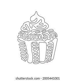 Continuous one line drawing yummy cupcake. Sweet tasty cake. Delicious dessert for dinner in restaurant. Snack in birthday party. Swirl curl style. Single line draw design vector graphic illustration