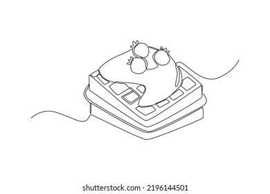 Continuous one line drawing yummy waffles with cream and berry. Dessert concept. Single line draw design vector graphic illustration.