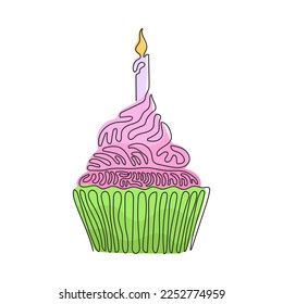 Continuo dibujo de una línea de delicioso quequito con vela. Dulce pastel sabroso. Delicioso postre para la cena. Aperitivos en la fiesta de cumpleaños. Estilo de rizo giratorio. ilustración vectorial de diseño de línea única