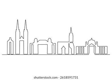Continuous one line drawing of Zagreb city skyline. Single line drawing illustration of Croatia cityscape. Beautiful buildings and architecture concept vector art. Doodle line illustration.