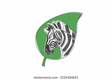 Continuous one line drawing zebra head in the middle of the leaf. Nature. Biodiversity. Protecting endangered species. Natural habitats. World Wildlife Day. Single line draw design vector illustration