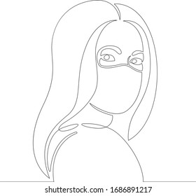 Continuous one line drawing.Portrait Young woman in a protective face mask from coronavirus.Concept sign doodle cartoon character flat modern minimal illustration.