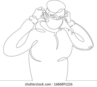 Continuous one line drawing.Portrait Young man in a protective face mask from coronavirus .Concept sign doodle cartoon character flat modern minimal illustration.