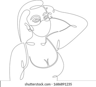 Dibujo continuo de una línea.Retrato Mujer joven con una máscara protectora de coronavirus.Concepto caricatura del doodle caricatura moderna ilustración mínima moderna.
