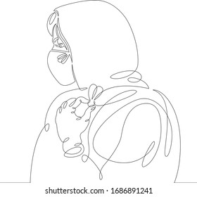 Continuous one line drawing.Portrait Young woman in a protective face mask from coronavirus.Concept sign doodle cartoon character flat modern minimal illustration.