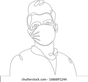 Continuous one line drawing.Portrait Young man in a protective face mask from coronavirus .Concept sign doodle cartoon character flat modern minimal illustration.