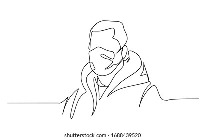 Continuous one line drawing.Portrait Young man in a protective face mask from coronavirus .Concept sign doodle cartoon character flat modern minimal illustration.