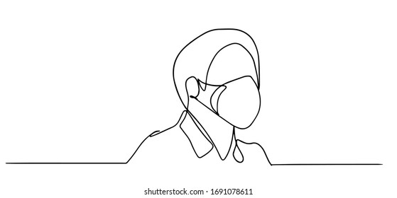 Continuous one line drawing.Portrait Young man in a protective face mask from coronavirus .Concept sign doodle cartoon character flat modern minimal illustration. Covid-19 virus problem. Vector