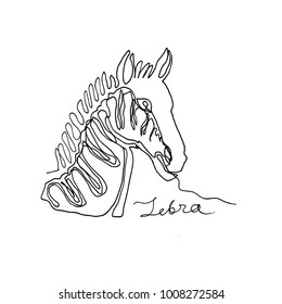 Continuous one line drawing.Portrait of zebra. African animal. Minimalism style. Text Zebra. Vector Ink illustration for your design,logo, card, banner, poster, flyer.