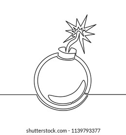 Continuous one line drawn Bomb, line icon. Round bomb with a burning wick, vector linear illustration