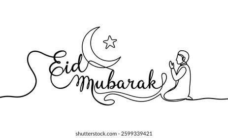 Continuous one line drawn of Eid Mubarak typography where a man under the Eid Moon praying. Moon, Star, Prayer, lantern, mosque. Vector isolated outline drawing. Simple and minimal design. 
