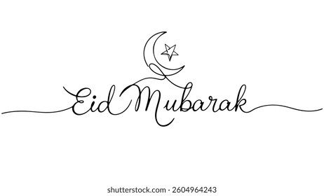 Continuous one line drawn of Eid Mubarak typography where a man under the Eid Moon praying. Moon, Star, Prayer, lantern, mosque. Vector isolated outline drawing. Simple and minimal design.