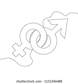 Continuous one line drawn gender symbols. Sketch of man and woman signs in doodle style vector illustration