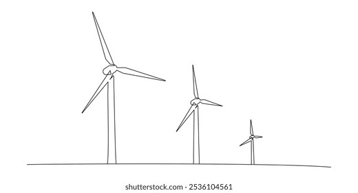 Silhueta contínua desenhada de uma linha de turbina de vento de energia alternativa sobre fundo branco. O conceito de um símbolo de ecologia e conservação da natureza. Energia alternativa para a humanidade