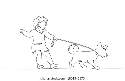 Cajón continuo de una línea. Niña linda con perro corredizo, caminando. Ilustración del vector negra en blanco