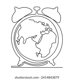 Continuous one line drowing of earth clock and Earth hour concept single line art illustration.