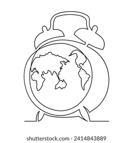 Continuous one line drowing of earth clock and Earth hour concept single line art illustration.