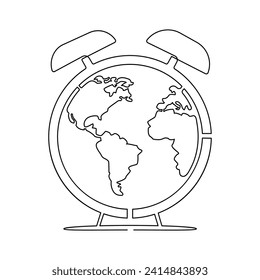 Continuous one line drowing of earth clock and Earth hour concept single line art illustration.