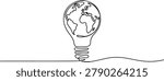 Continuous one line Earth globe inside lightbulb and earth hour outline vector.one line Art icon drawing vector
