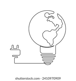 Continuous One line Earth globe inside lightbulb and earth hour outline vector art illustration