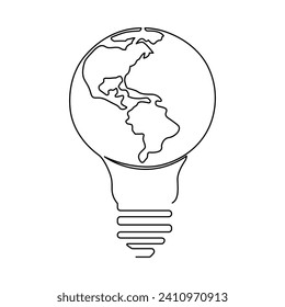 Planeta terrestre de una línea continua dentro de la bombilla de luz y la ilustración de la pantalla vectorial de la hora de la tierra