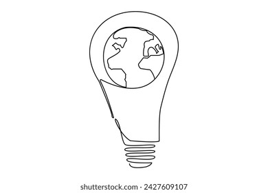 Continuous one line Earth globe inside lightbulb and earth hour outline vector art illustration. Isolated on white background vector illustration Premium vector