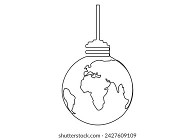 Continuous one line Earth globe inside lightbulb and earth hour outline vector art illustration. Isolated on white background vector illustration Premium vector