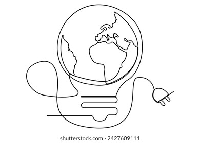Continuous one line Earth globe inside lightbulb and earth hour outline vector art illustration. Isolated on white background vector illustration Premium vector