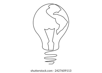 Continuous one line Earth globe inside lightbulb and earth hour outline vector art illustration. Isolated on white background vector illustration Premium vector