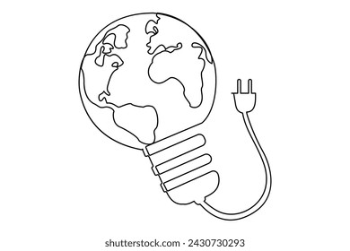 Continuous one line Earth globe inside lightbulb and earth hour outline vector art illustration. Isolated on white background vector illustration Premium vector