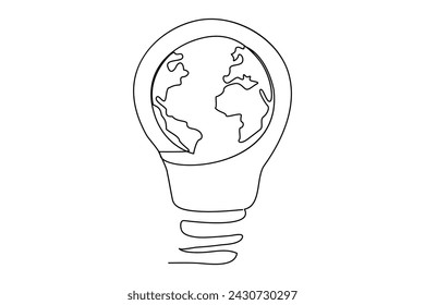 Globo terrestre de una línea continua dentro de la bombilla y la ilustración de arte vectorial de contorno de hora de la tierra. Ilustración de vector aislado sobre fondo blanco Vector Premium