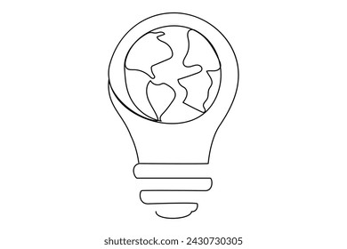 Continuous one line Earth globe inside lightbulb and earth hour outline vector art illustration. Isolated on white background vector illustration Premium vector